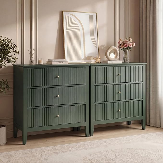 RoyalCraft Large 3 Drawer Dresser Set of 2, Fluted Chest of Drawers with Storage, Modern Painted 30 inch Tall Nightstand for Bedroom Living Room Entryway, Dark Green