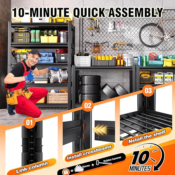 59''W Storage Shelves,3000LBS Garage Shelving,Adjustable Garage Shelves,Heavy Duty Metal Shelving, 5 Tier Wood Utility Steel Shelf, Easy-to-Install Shelving Units and Storage 72''x59''x19.7