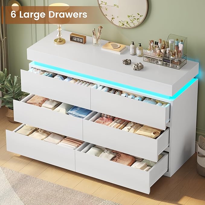HAUOMS 6 Drawer Dresser with LED Light, White Modern Chest of Drawers for Bedroom,Closet Dressers with Drawers for Living Room, Entryway, Hallway