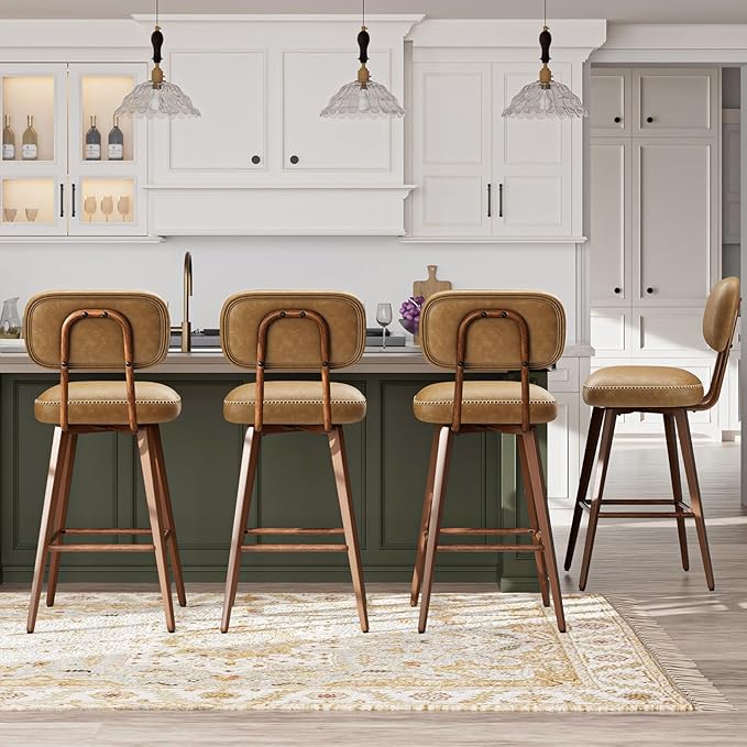 MALOL 26“ PU Leather Swivel Bar Stools Set of 3, Mid Century Counter Height Bar Chairs with Low Back and Metal Legs, Modern Bar Stool Chair for Kitchen Island, Brown
