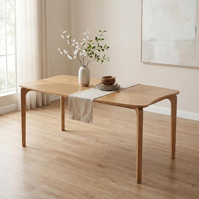 HNY Modern Curved Edge Dining Table, 63" Solid Wood Kitchen Table with Herringbone Pattern Mid-Century Rectangular Dinner Table for 6-9 People, Natural Oak Finish