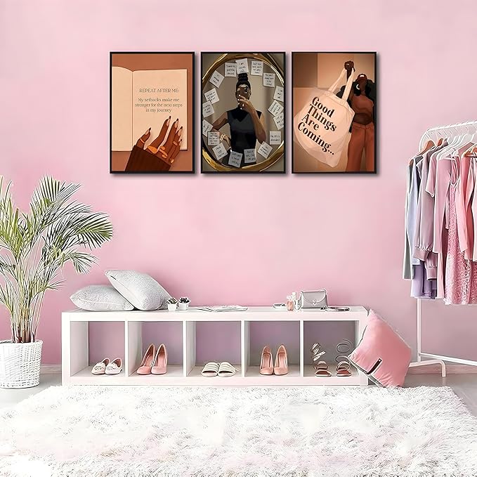 Yudinbin 3pcs Black Girl Poster African American Wall Art Decor Paintings Fashion Abstract Black Woman Poster Canvas Prints Pictures for Living Room Bedroom 12x16 inch Unframed