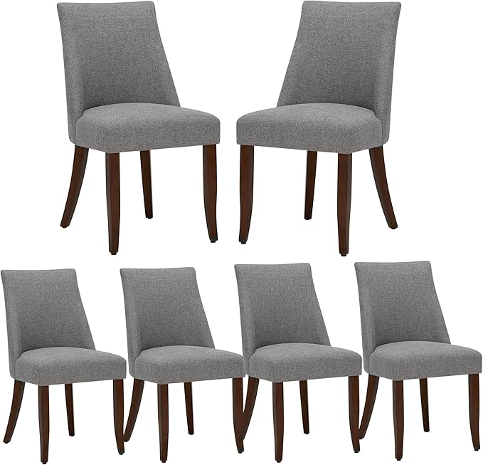 Wooden Dining Chairs Set of 6, Upholstered Farmhouse Fabric Dining Room Chair, Mid Century Kitchen Chair for Restaurant & Cafe, Light Grey