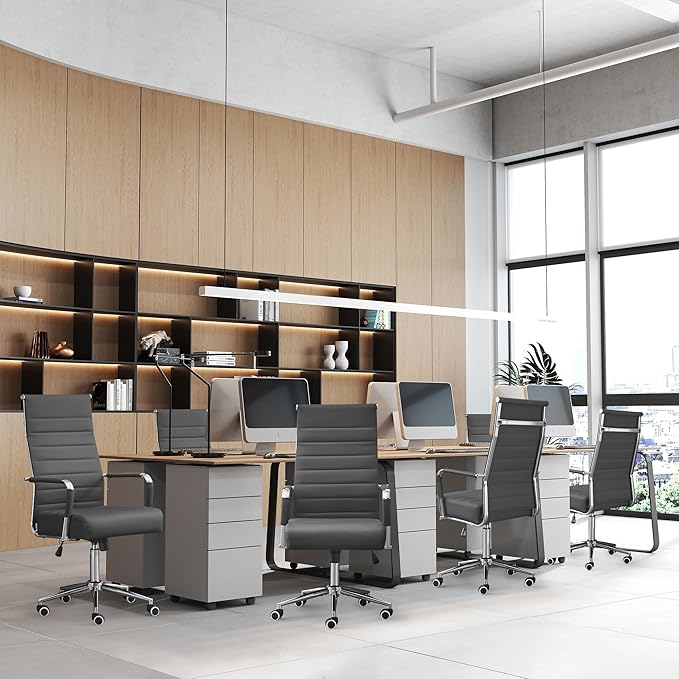 Office Desk Chair, Leather Conference Room Chairs with Wheels and Arms, Modern Ergonomic High Back Executive Ribbed Height Adjustable Swivel Chair for Home Office (Grey)