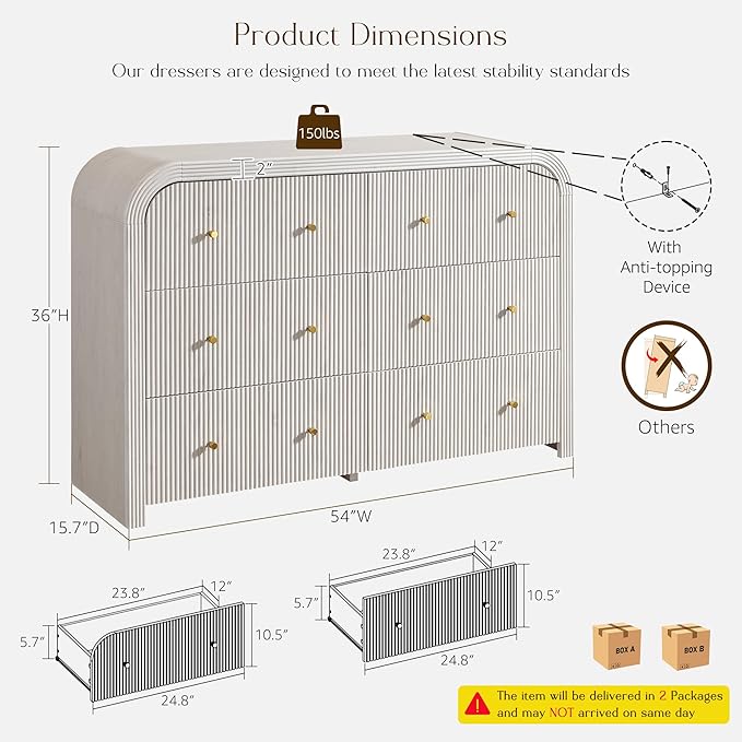 T4TREAM Fluted 6 Drawers Dresser for Bedroom, 54" Wide Modern Chest of Drawers with Thickened Curved Profile Design, Wood Dressers TV Stand for Bedroom, Living Room, Hallway, Alder White