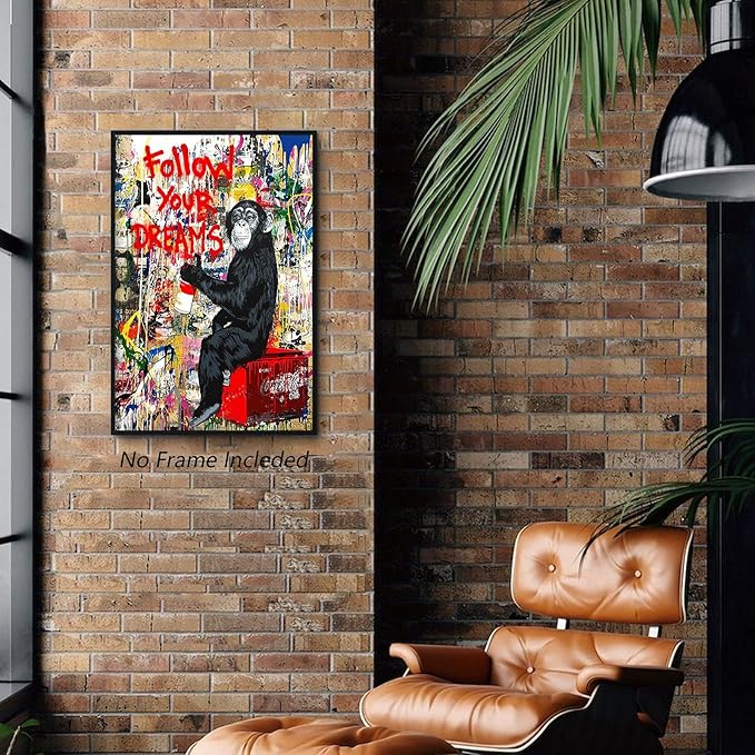 Tanmart Banksy Canvas Wall Art Monkey Follow Your Dreams Street Graffiti Wall Art Banksy Prints Gorilla Poster Monkey Artwork Graffiti Pictures Painting for Home Living Room Decor 16x24 Inch Unframed