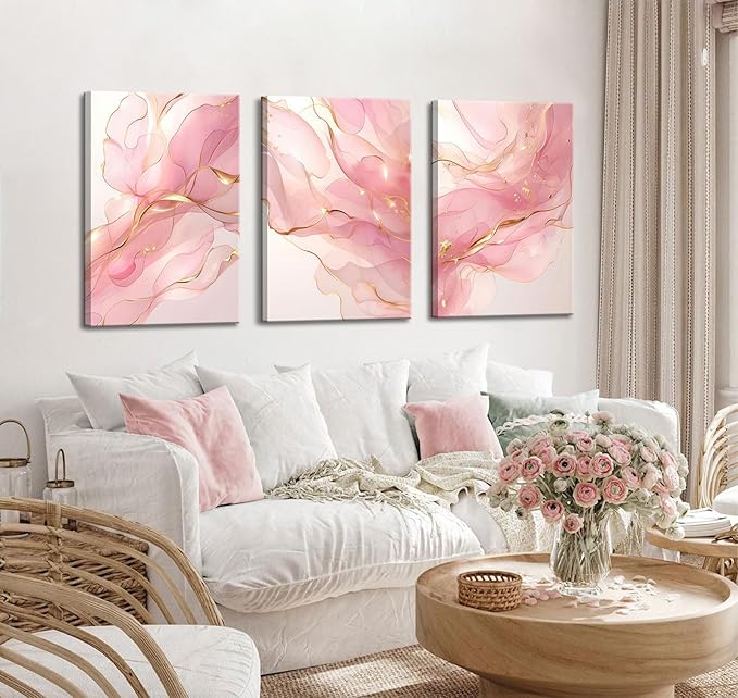 Pink Marble Abstract Canvas Wall Art Pink and Gold Abstract Marble Wall Decor Pictures Neutral Modern Minimalist Posters Prints for Living Room Bedroom Home Decoration 12x16in