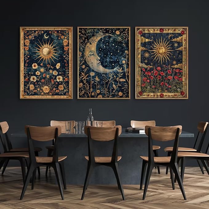 Tocliky Moon Sun Gothic Wall Art Tarot Card Celestial Canvas Poster Witchy Vintage Wall Decor Boho Floral Aesthetic Painting Dark Academia Mystical Astrology Posters for Bedroom 12x16x3 Inch Unframed