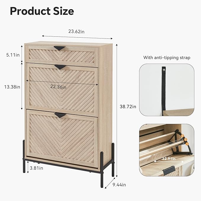 Shoe Cabinet Storage with 2 Flip Drawers, Narrow Hidden Shoes Cabinet Organizer for Entryway, Freestanding Slim Shoe Rack Front Door Entrance(Oak)