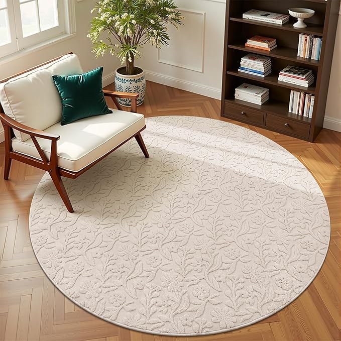 Vaukki Round Rug for Living Room, Soft Fluffy Washable Modern Floral Indoor Floor Mat, Non Slip Shaggy Boho Accent Throw Carpet for Bedroom, Living Room, Nursery and Dining Room, Beige, Round-6Ft