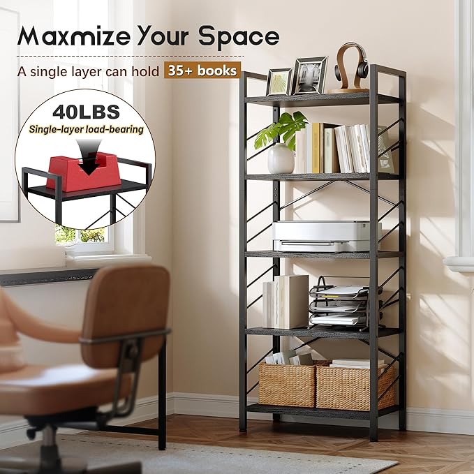 DurayLoly 5 Tier Bookshelf, Industrial Tall Bookcase, Modern Display Book Shelf with Metal Frame and Sidebars for Bedroom, Living Room and Home Office, Black