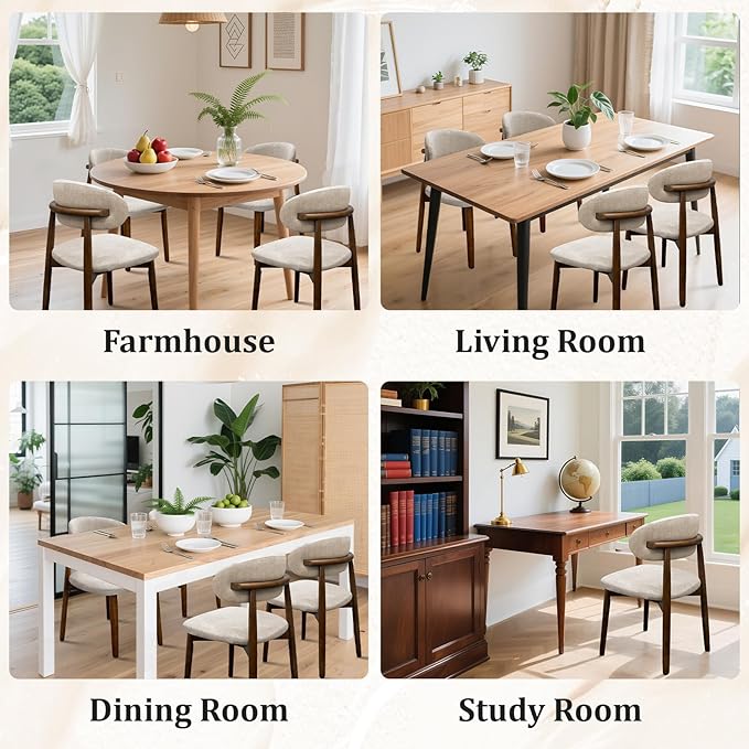 Farmhouse Dining Chairs Set of 8, Mid Century Modern Fabric Upholstered Kitchen Chairs, Wooden Dining Room Chair with Curved Back for Kitchen Dining Room Restaurant Cafe, Warm Gray (Only Chairs)