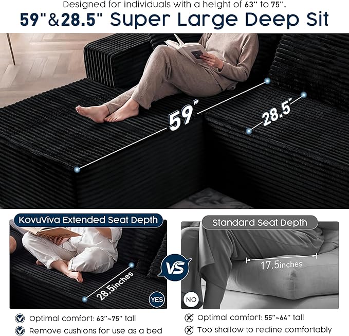 Black Sectional Couch for Living Room - 108" Modular Cloud Sofa with Chaise, Ultra Soft Corduroy L-Shaped Large Couches, Boneless Deep Seat Sectional Couch, No Assembly Required (Right Facing Chaise)