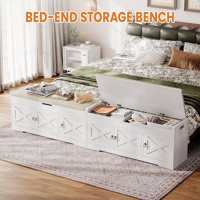 Farmhouse Shoe Storage Bench with Cushion Seat, 3-Tier Entryway Bench with Lift Top Storage and Adjustable Shelf, Bench for Hallway, Bedroom, White
