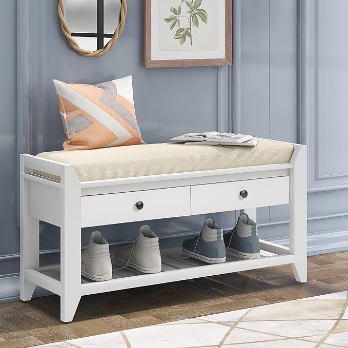 LUMISOL Storage Bench, Shoe Rack with Upholstered Seat and 2 Drawers, Solid Wood Entryway Storage Bench with Shoe Rack for Entryway, Living Room, Bedroom, White