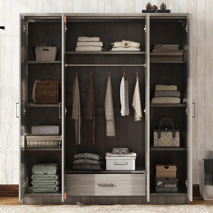 Merax 4 Doors Closet Wardrobe with Hanging Rail, Wood Closet Organizers and Storage with One Drawer and Two 4-Tier Storage Shelves, Top Cabinet for Bedroom, Laundry Room, Gray