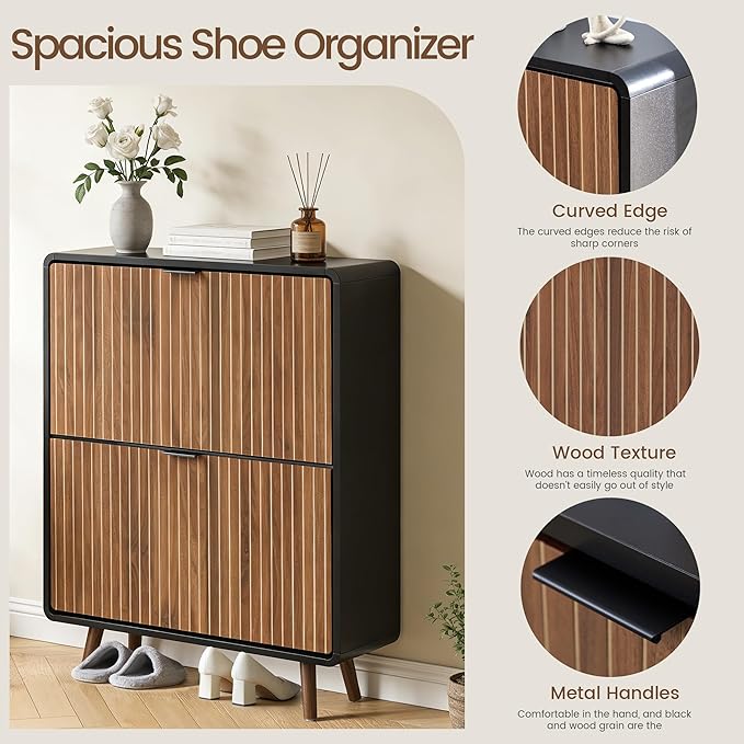 FurSch Fluted Shoe Storage Cabinet with 2 Flip Drawers, Narrow Shoe Rack Cabinet Organizer with Adjustable & Removable Shelves for Entryway (Walnut and Black, 2 Drawers)