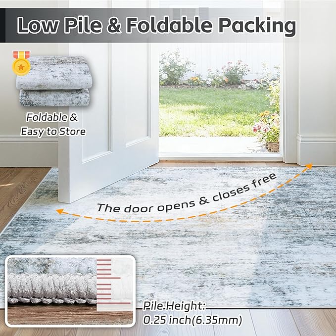 9x12 Area Rugs Washable Rug:Anti-Skid Abstract Modern Living Room Rug Soft Thin Carpets Indoor Floor Non-Shedding Carpet for Bedroom Dining Farmhouse Nursery Home Office(Blue/Grey/Gold/White, 9x12)
