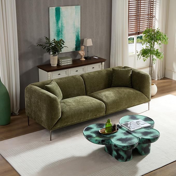 82.7" Modern Couch Upholstered Boucle Sofa with Metal Legs, 3 Seater Minimalist Curved Sofas, Cozy Luxury Deep Seat Memory Foam Couches for Living Room Bedroom Home Office Apartment, Green
