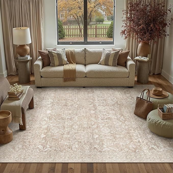 PureCozy Beige Area Rug 5x8 Washable Neutral Living Room Vintage Non Slip Carpet Low Pile Soft Thin Indoor Bedroom Retro Floral Accent Throw Rug for Office Kitchen Bathroom Dining Room