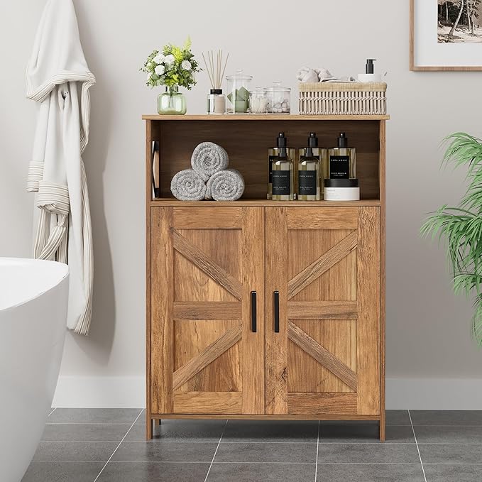 Homhedy Farmhouse Bathroom Storage Cabinet with 2 Doors, Toilet Paper Cabinet with Adjustable Shelves, Small Bathroom Cabinet for Kitchen/Laundry/Living Room, 11.8 x 23.6 x 31.5 Inches, Rustic Walnut