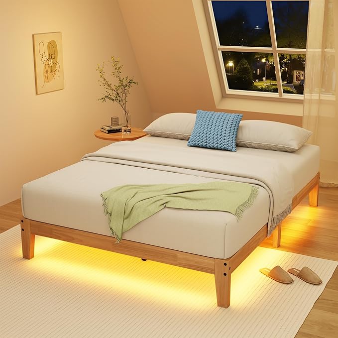 Awesofurni Queen Bed Frame with LED Lights, 12 Inch Solid Wood Platform Bed with Wooden Slats, Natural Finish, No Box Spring Needed, Noise Free - Easy Assembly