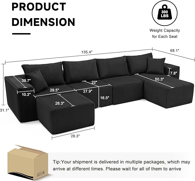 Weture 135.4" Cloud Couch Sectional, Modular Sectional Sofa with Deep Seat, Plush Corduroy U Shaped Boneless Couch, Convertible Sectional Couches for Living Room, 6Seat, Black