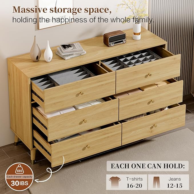 Chrangmay 6 Drawer Dresser,47" Wide Mid Century Modern Chest of Drawers,Wooden Bedroom Drawer Dresser with 6 Storage Drawers for Bedroom,Living Room,with Anti-Tipping Device,Wood
