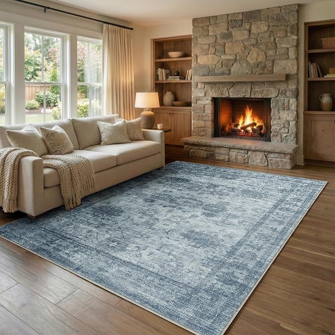 Homemate Washable Rug 5x7 Area Rugs - Vintage Faux Wool Rugs for Living Room Bedroom Dining Room - Non Slip Foldable Carpet Indoor Area Rug for Home Decor（5'x7', Blue