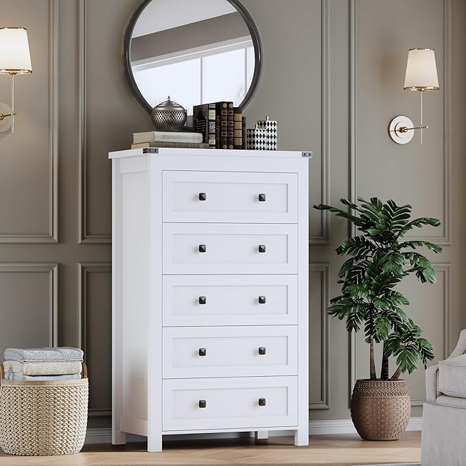 BORNOON Tall 5-Drawer Dresser, Modern Wooden Storage Chest of Drawers, Dresser TV Stand, Wood Drawer Organizer with Metal Handles for Bedroom, Living Room, Hallway