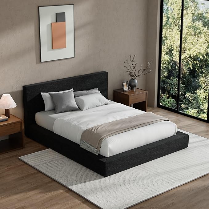 RECCI AirFrame Queen Bed Frame with Headboard, Cloud Upholstered Platform Bed Frame, 5 Inch Foam Cushioned, No Box Spring, Easy Assembly(Onyx Black)