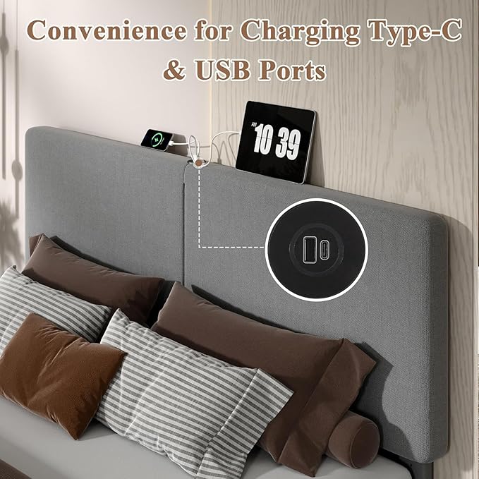 VECELO Queen Bed Frame Upholstered with Charging Station, Height-Adjustable Headboard, Wooden Slat Support, No Box Spring Needed, Easy Assembly, Dark Grey