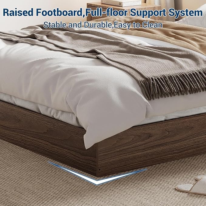 California King Size Solid Wood Platform Bed with Sturdy Wooden Slats, Floor-Standing Bed Frame, Modern Minimalist Design Bed Frame, No Box Spring Needed, Space Saver, Easy Assembly, Walnut Wood