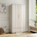 Yechen 67" Fluted Armoire Wardrobe Closet with Doors and Drawer, Wooden Wardrobe Cabinet with Adjustable Shelve, Modern Small Armoires for Hanging Clothes Coats for Bedroom, White Grey
