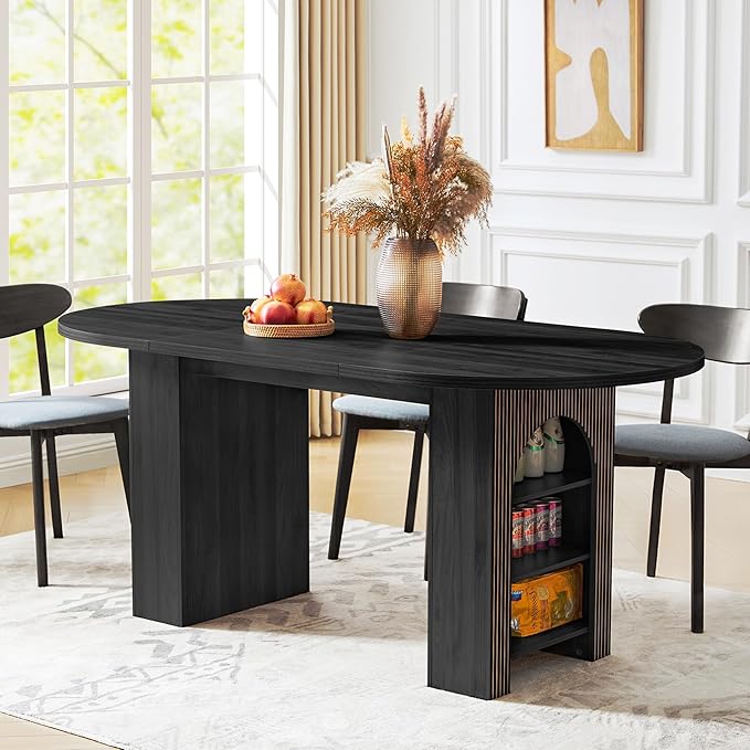 weselon 70.8" Oval Dining Table with Dual Side Storage Shelves, Wooden Table for 4–6 People, Modern Farmhouse Round Dinner Table for Kitchen, Reception, or Living Room (Black, Table Only)