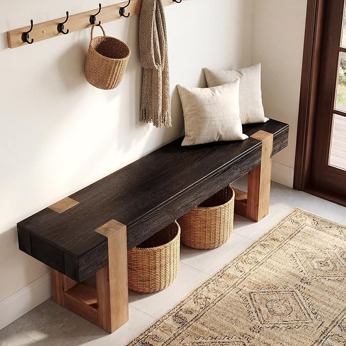 55" Solid Wood Dining Bench, Farmhouse Wooden Entryway Bench, End of Bed Bench, Indoor Bench Seat for Bedroom, Dining Room, Kitchen, Hallway, Black & Brown