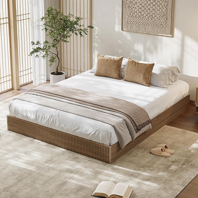 Garvee Full Bed Frame, Wood Platform Bed with Fluted Design, Low Profile BedFrame, Minimalist Bed Base with Noise-Free, Easy Assembly, No Box Spring Needed, Walnut