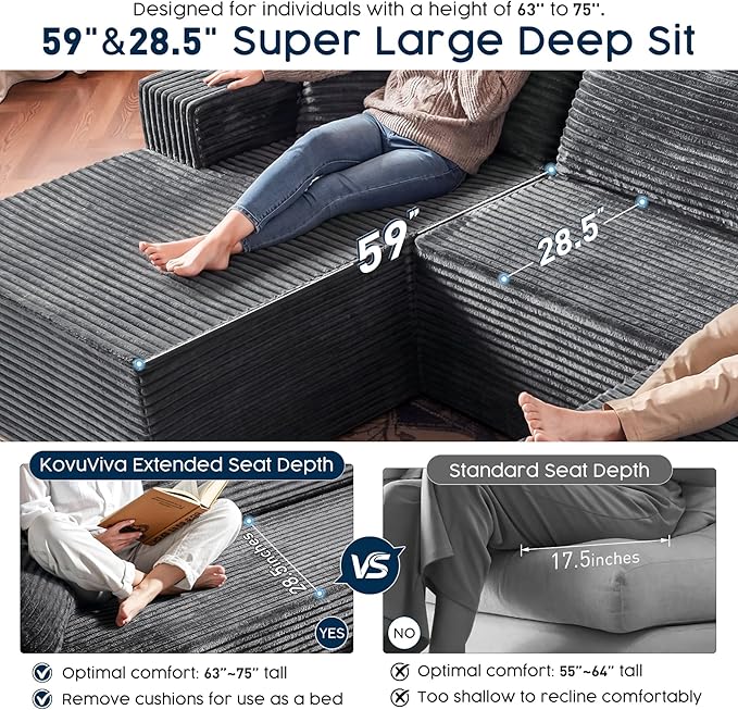Grey Sectional Couch with Ottoman, 108" Cloud Modular Couch for Living Room, Modern U-Shaped Sofa, No Assembly Required - Plush Corduroy Fabric & Deep Seat Comfort (Right Facing Chaise)