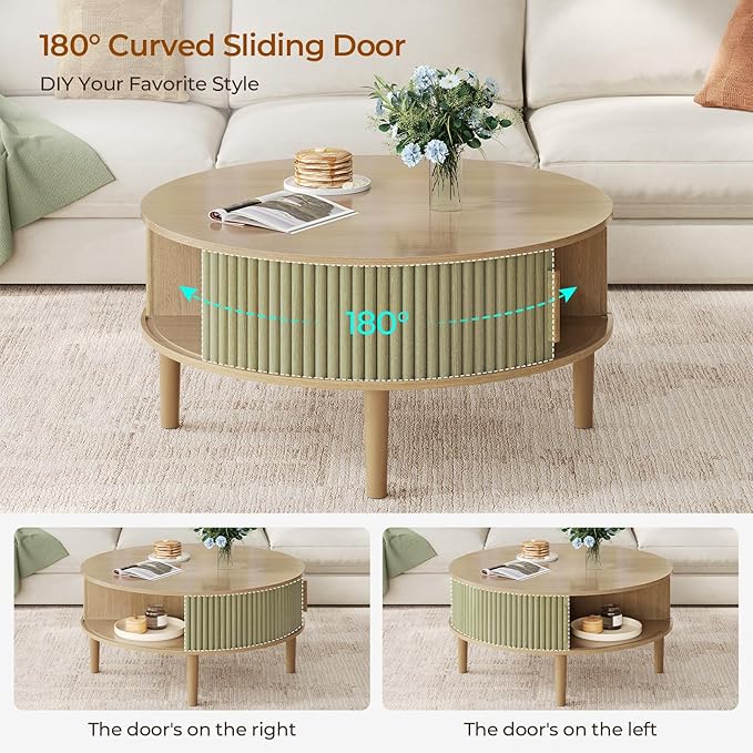 Round Lift Top Coffee Table, Modern Coffee Table with 180° Curved Sliding Door, Fluted Accent Coffee Tables with Hidden Storage and Open Shelves, for Living Room, Office, Oak