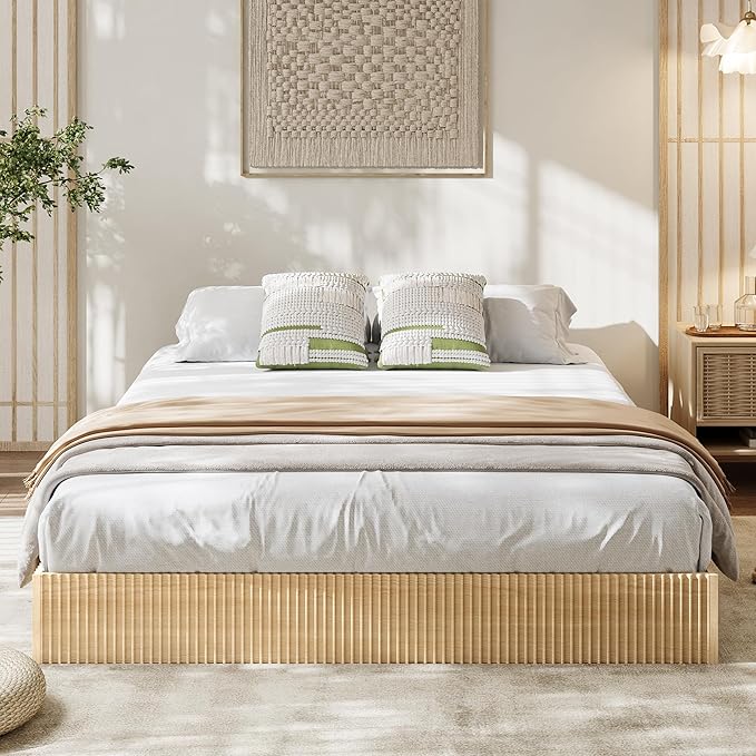 Garvee California King Bed Frame, Wood Platform Bed with Fluted Design, Low Profile BedFrame, Minimalist Bed Base with Noise-Free, Easy Assembly, No Box Spring Needed, Natural