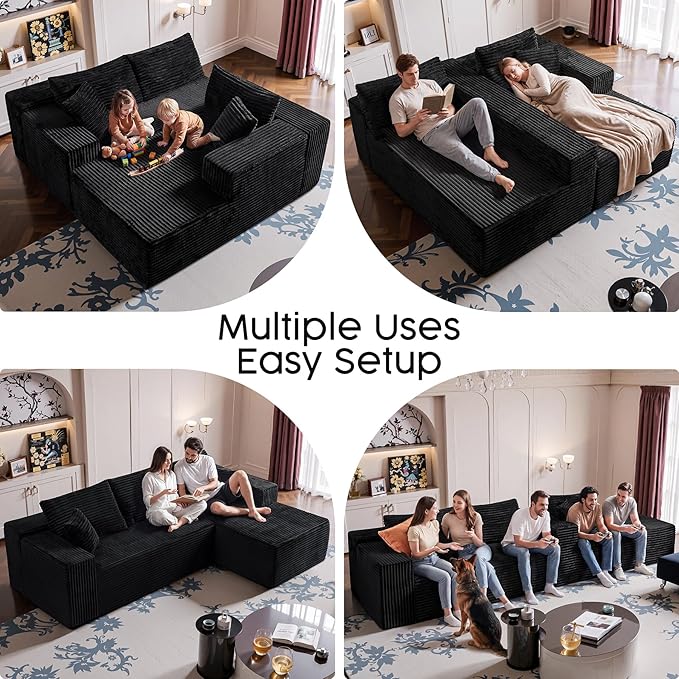 Black Sectional Couch for Living Room - 108" Modular Cloud Sofa with Chaise, Ultra Soft Corduroy L-Shaped Large Couches, Boneless Deep Seat Sectional Couch, No Assembly Required (Left Facing Chaise)