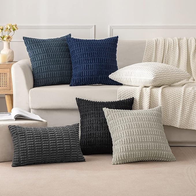 MIULEE Pack of 2 Corduroy Decorative Throw Pillow Covers 20x20 Inch Soft Boho Striped Pillow Covers Modern Farmhouse Home Decor for Halloween Sofa Living Room Couch Bed Black