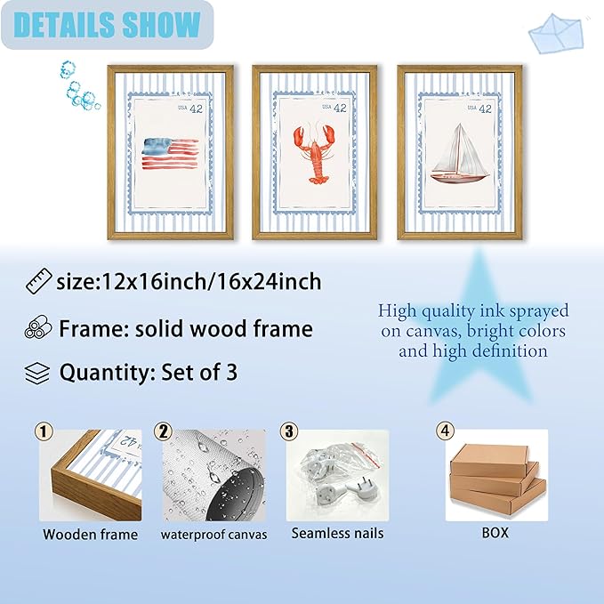 Wood Framed Blue Beach Stamp Set of 3 Canvas Poster Coastal Granddaughter Room Wall Art Decor Vintage Preppy Aesthetic Prints Artwork for Girly Dorm Apartment Ocean Home Decoration 16x24 Inch