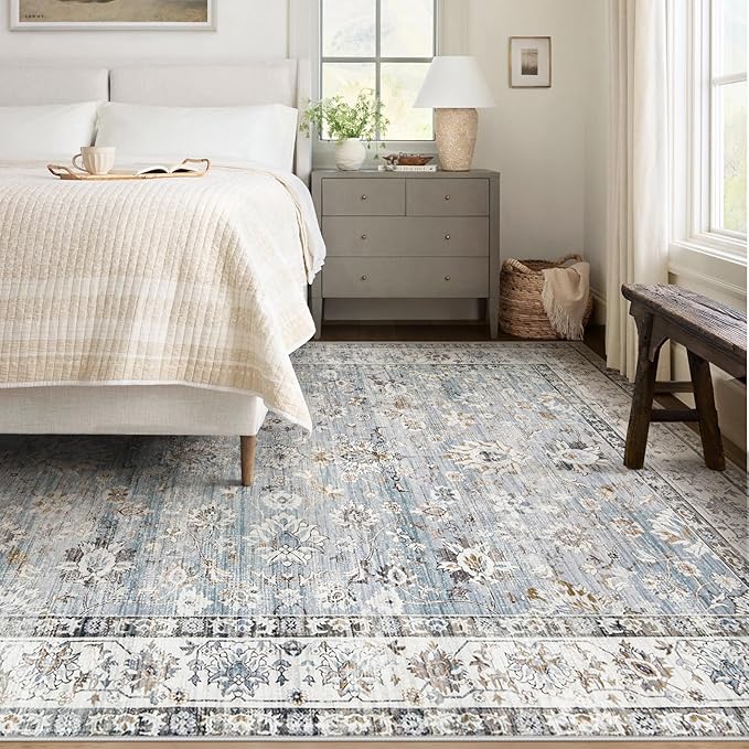 XLUEZ Area Rug 5x7 Living Room Rug, Machine Washable Vintage Distressed Boho Area Rug Non-Slip Soft Low Pile Large Indoor Rugs for Bedroom Kitchen Dining Room Office(Light Blue,5'x7')