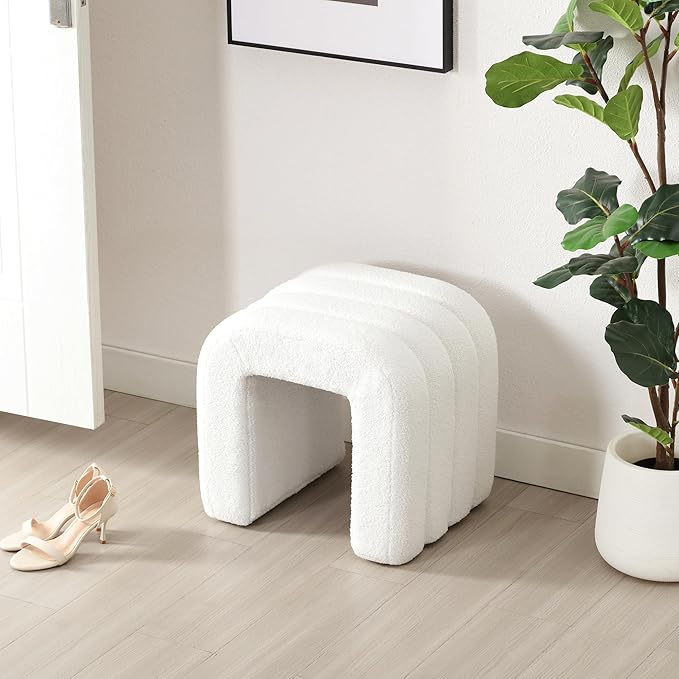 White Teddy Fleece Tufted Ottoman Stool, Small Arch Footrest for Couch, Modern Vanity Stool with Non-Slip Pads for Makeup Room, Living Room, Entryway, 15.4 x 19.3 x 17.9 Inches, 260lb Capacity