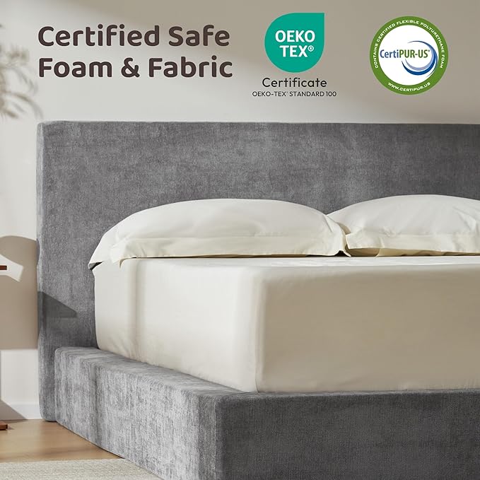 RECCI AirFrame Queen Bed Frame with Headboard, Cloud Upholstered Platform Bed Frame, 5 Inch Foam Cushioned, No Box Spring, Easy Assembly(Moon Grey)