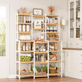 FOTOSOK Bamboo Shelf, 7 Tier Plant Stand Indoor, 3 Row Ladder Shelf, Bookshelf and Bookcase, Corner Display Stand with Adjustable, Flower Stand for Living Room Balcony Kitchen, White and Natural