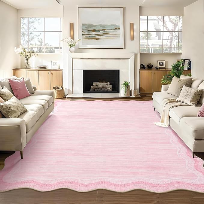 Garvee Scalloped 9x12 Area Rugs for Living Room Large Washable Rugs,Neutral Solid Rug Stain Resistant Non Slip Floor Mat Carpet Indoor Accent Rug for Bedroom Dining Room Playroom Home Decor,Pink