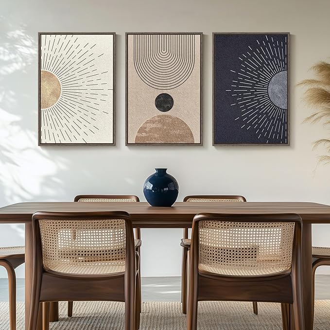 Framed Large Boho Neutral Abstract Wall Art for Living Room, Black Beige Sun and Moon Paintings Prints for Hallway Office, Set of 3 Piece Modern Minimalist Canvas Artwork Pictures 24x36 Inch