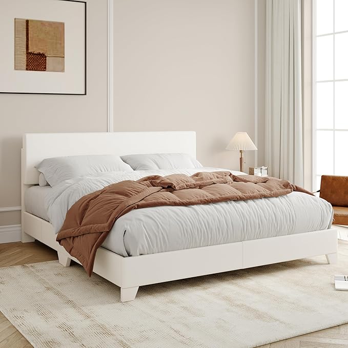 Allewie Queen Size Bed Frame with Adjustable Headboard, Faux Leather Platform Bed with Wood Slats, Heavy Duty Mattress Foundation, No Box Spring Needed, Noise-Free, Easy Assembly, White